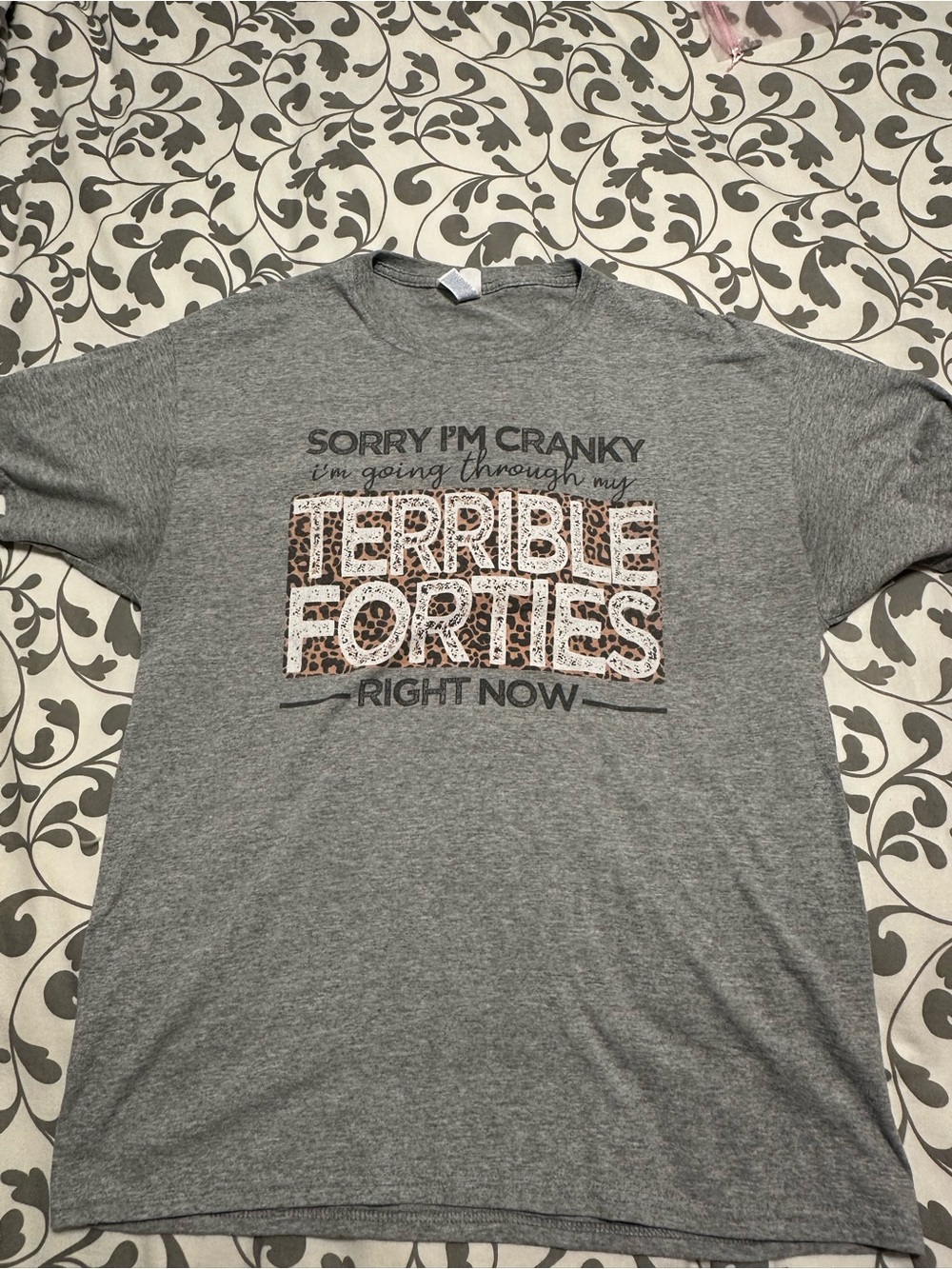 Jerzees Gray Tee with Leopard-Print "Terrible Forties" Graphic